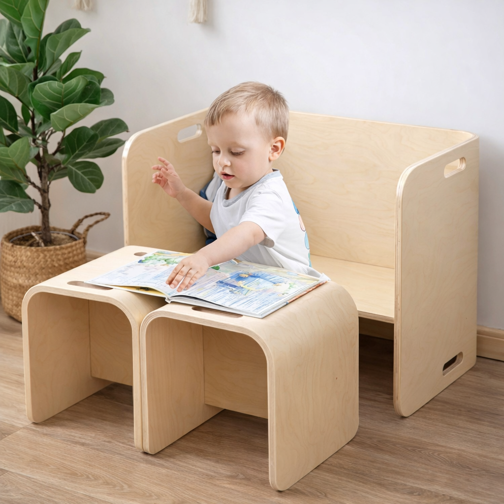 Kaivo Montessori Tafel & Stoel Set – 4-in-1 Houten Speelmeubel