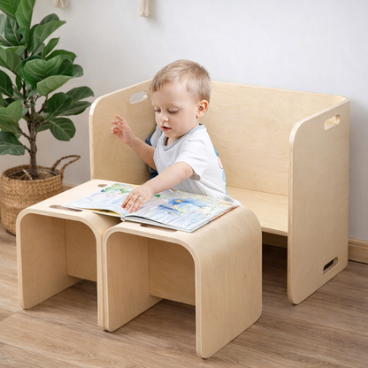 Kaivo Montessori Tafel & Stoel Set – 4-in-1 Houten Speelmeubel