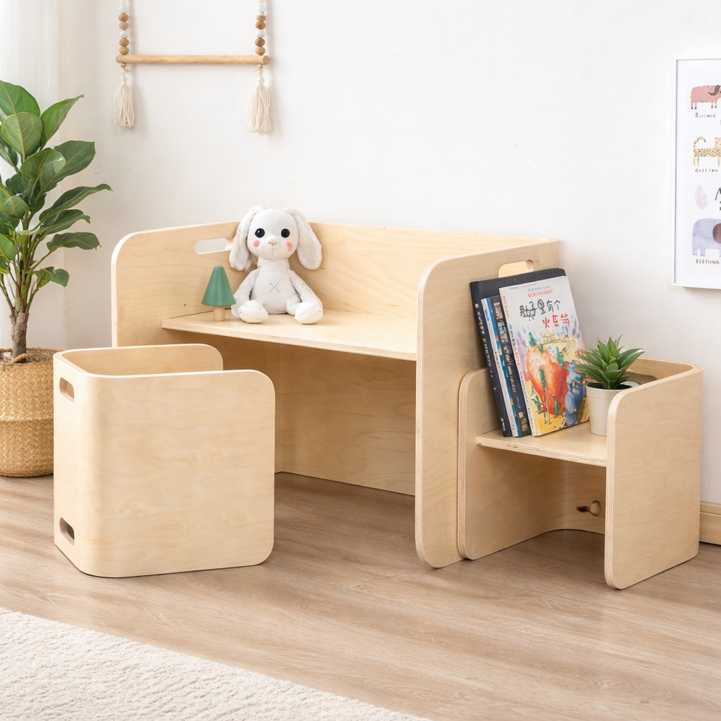 Kaivo Montessori Tafel & Stoel Set – 4-in-1 Houten Speelmeubel