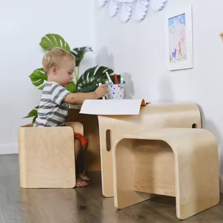 Kaivo Montessori Tafel & Stoel Set – 4-in-1 Houten Speelmeubel