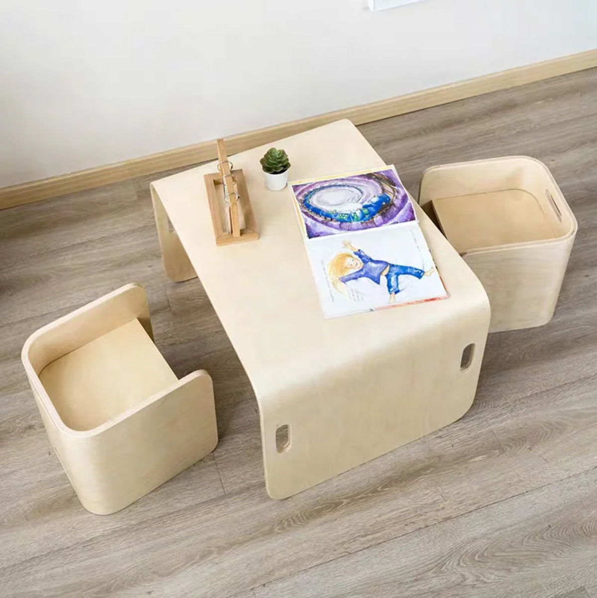 Kaivo Montessori Tafel & Stoel Set – 4-in-1 Houten Speelmeubel